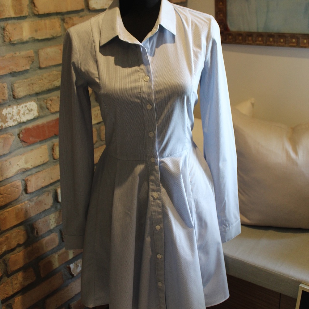 BCBG Generation Light Blue Pin-Striped Button-Up Flare Dress | Size 4 (S) | - Picture 2 of 6